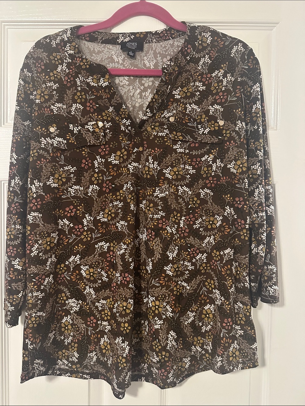 Jones New York Black Floral V-Neck Tunic with Pink and Yellow Accents